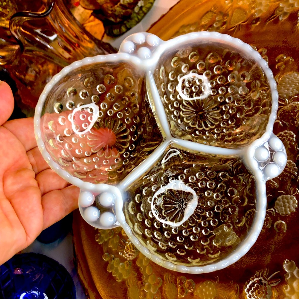 1940’s opalescent hobnail 3 part relish dish